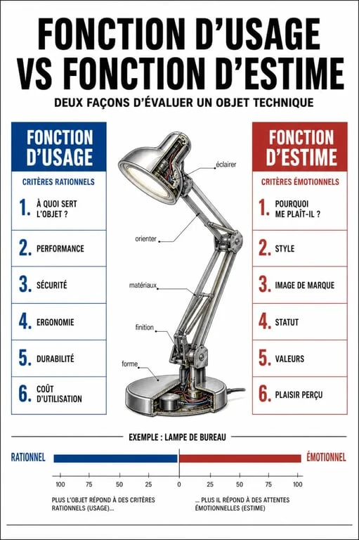 Schéma comparatif entre la fonction d'usage et la fonction d'estime d'un objet technique