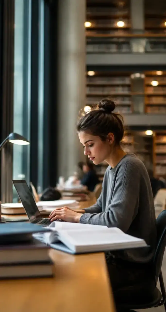 Étudiante à la bibliothèque universitaire préparant son entrée dans le supérieur