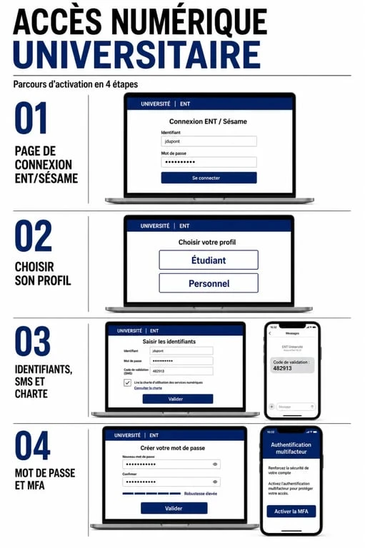 Séquence d’activation de sesame université toulon sur le portail ENT, du choix du profil à la sécurisation MFA