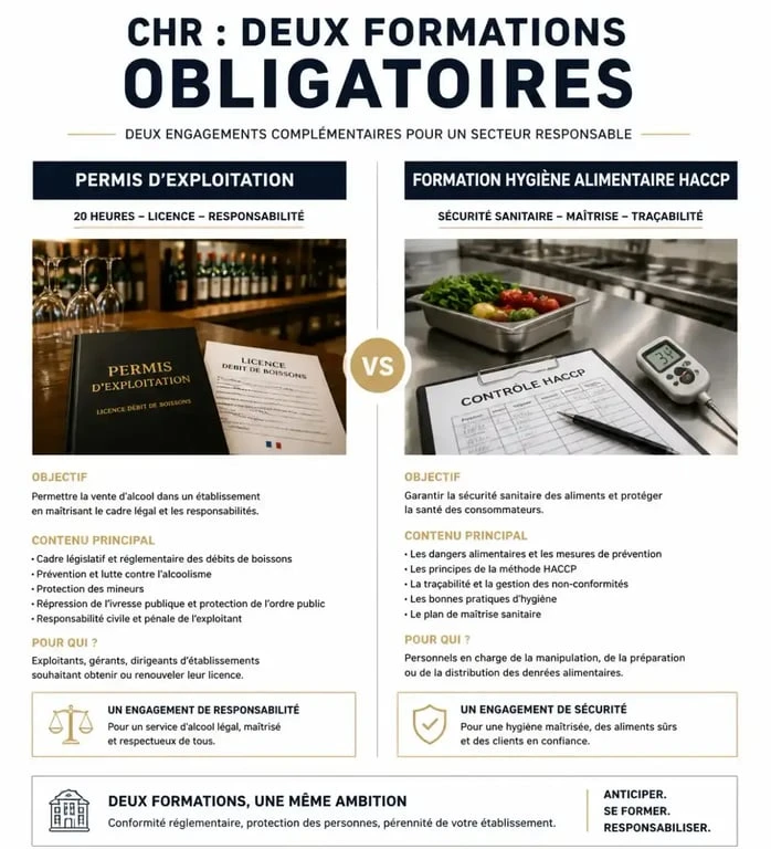 Tableau comparatif des formations obligatoires UMIH Toulon : permis d'exploitation et hygiène alimentaire HACCP