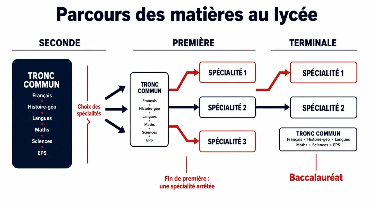 Les matieres lycee en seconde, première et terminale avec tronc commun, spécialités et options