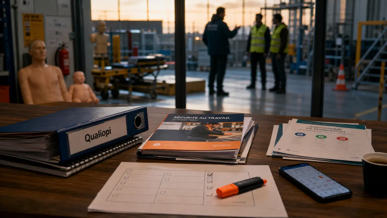 Eureka formation Toulon : dossiers Qualiopi et financement en bureau, formation sécurité en arrière-plan
