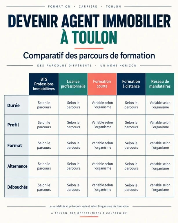 Infographie comparative des parcours de formation agent immobilier Toulon