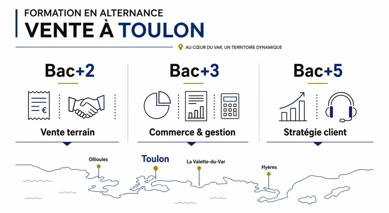 Formation en alternance vente Toulon : comparaison visuelle des niveaux Bac+2, Bac+3 et Bac+5