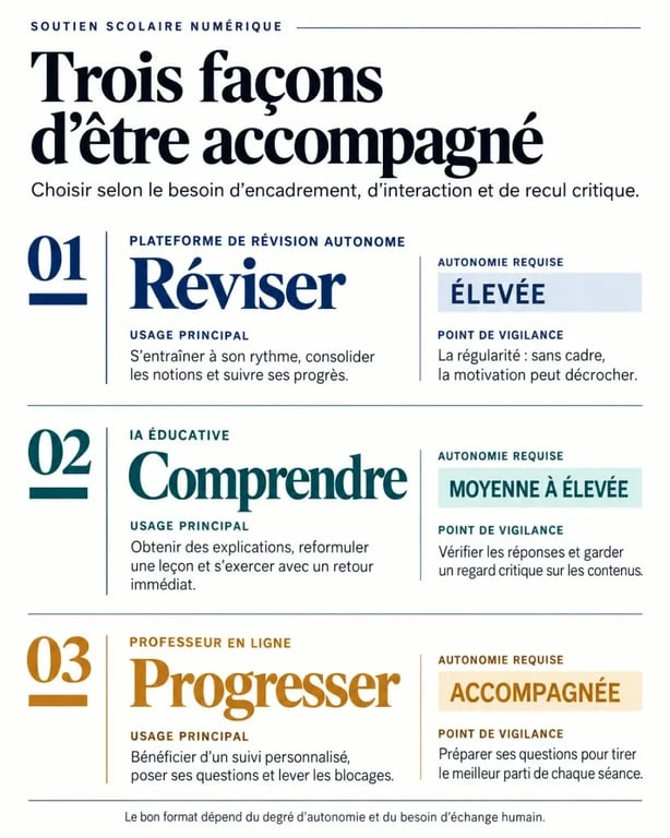 Application soutien scolaire : comparaison entre révision autonome, IA éducative et professeur en ligne