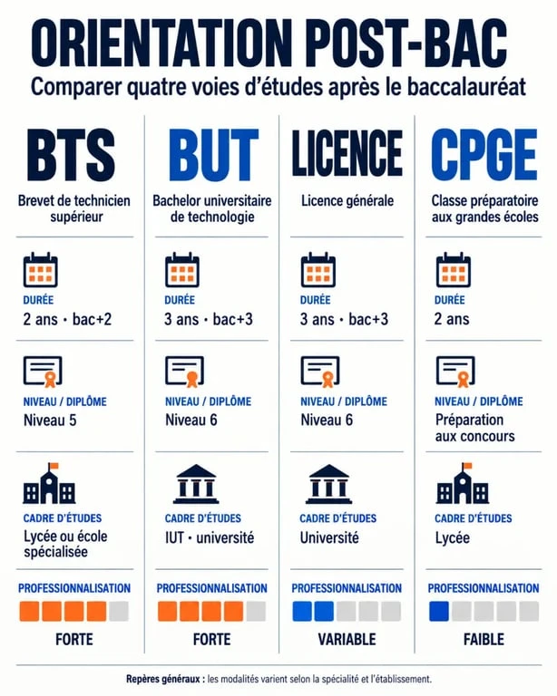 Infographie sur l'orientation post bac comparant BTS, BUT, licence et CPGE