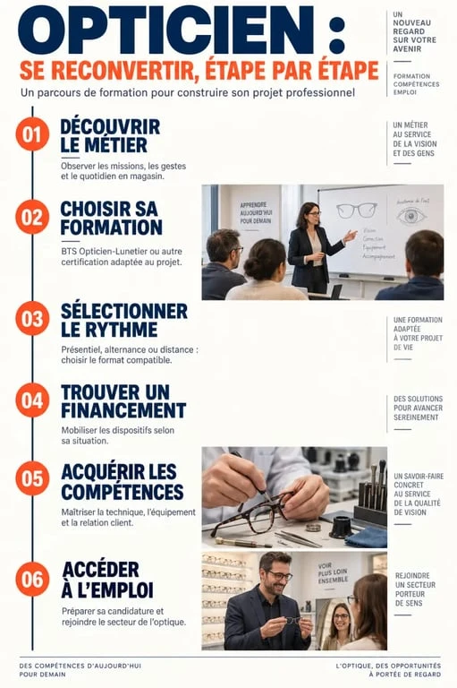Infographie du parcours de formation opticien reconversion, de la formation à l’emploi