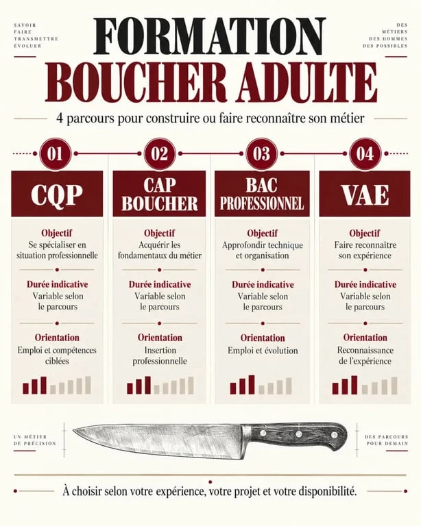 Infographie des parcours de formation boucher adulte : CQP, CAP Boucher, bac professionnel et VAE
