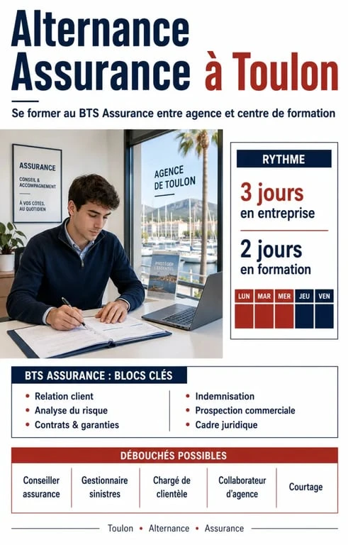 Formation en alternance assurance Toulon : résumé visuel du rythme, du programme et des débouchés