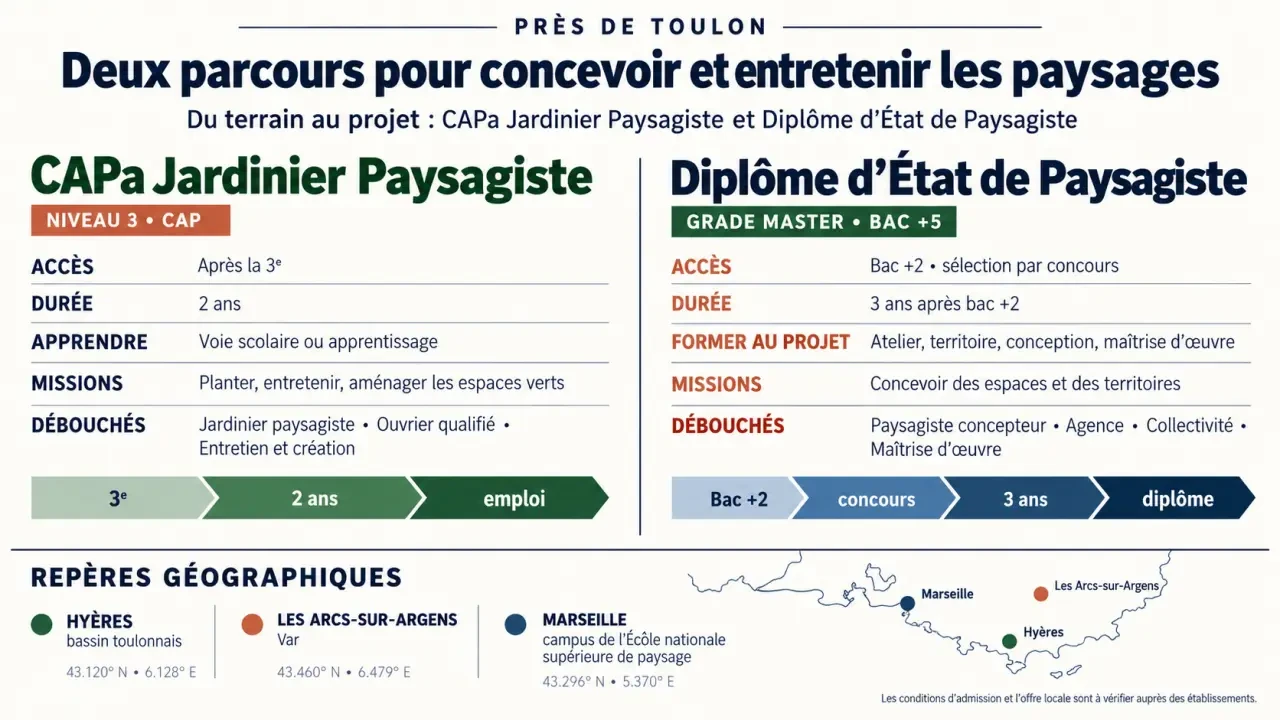 Infographie comparative des formations paysagiste près de Toulon entre CAPa Jardinier Paysagiste et Diplôme d’État de Paysagiste